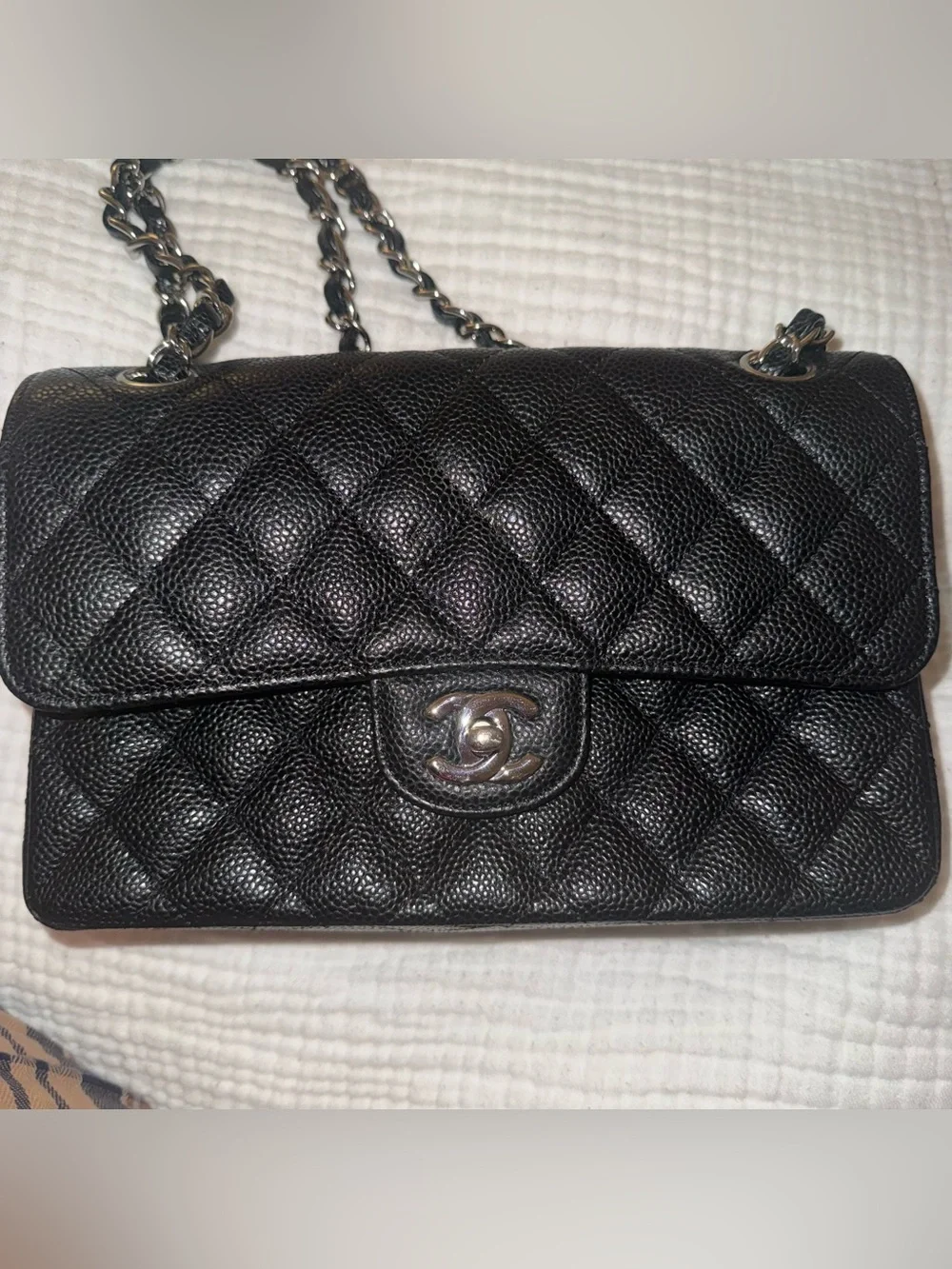 CHANEL Black Quilted Caviar Leather Shoulder Bag with Silver Hardware